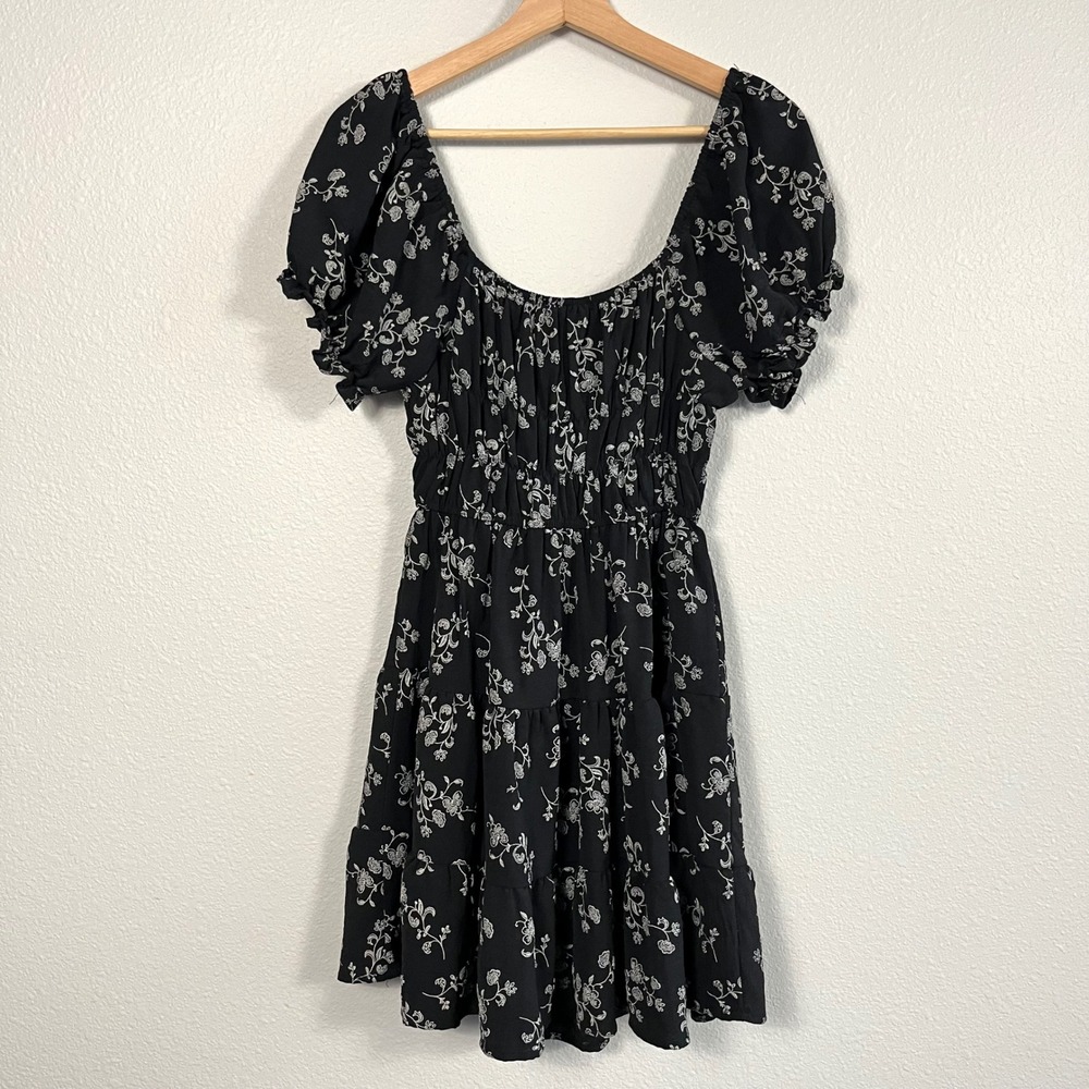 Charlotte Russe Black Floral Puff Sleeve Tiered Mini Dress Medium Coquette - Picture 2 of 8